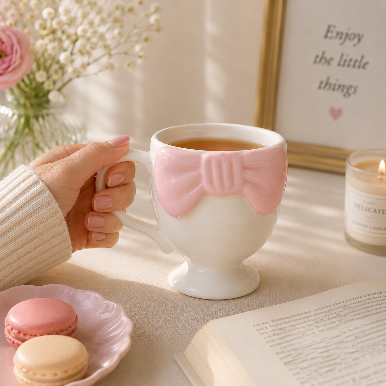 Pembe Fiyonk Detaylı Ayaklı Seramik Kahve ve Çay Kupası