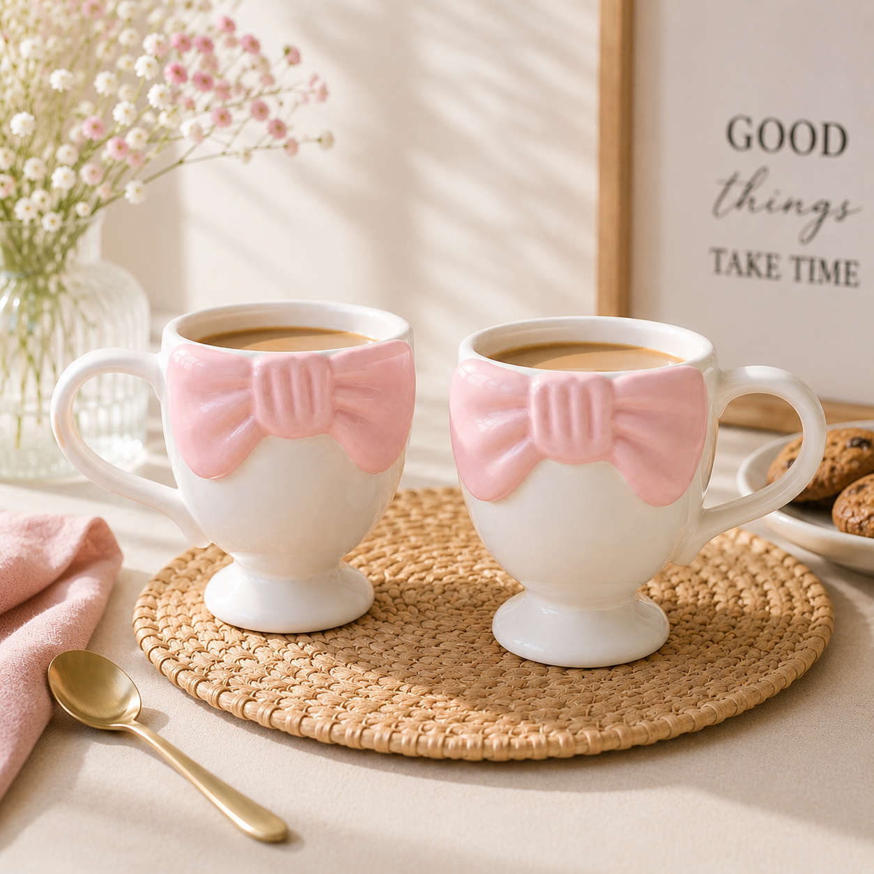 2 Adet Pembe Fiyonk Detaylı Ayaklı Seramik Kahve ve Çay Kupası