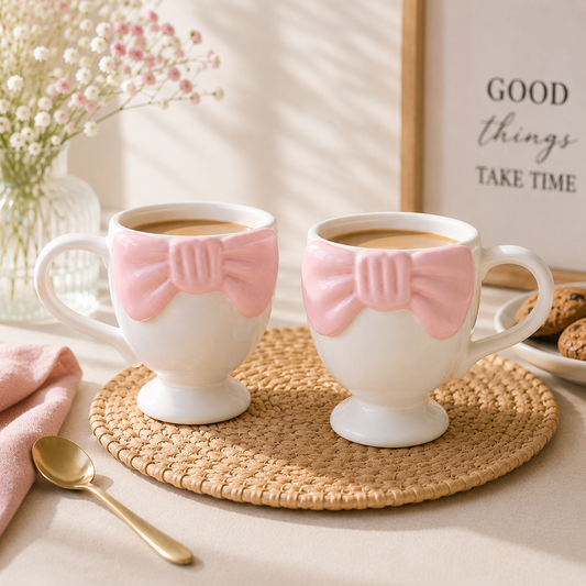 2 Adet Pembe Fiyonk Detaylı Ayaklı Seramik Kahve ve Çay Kupası