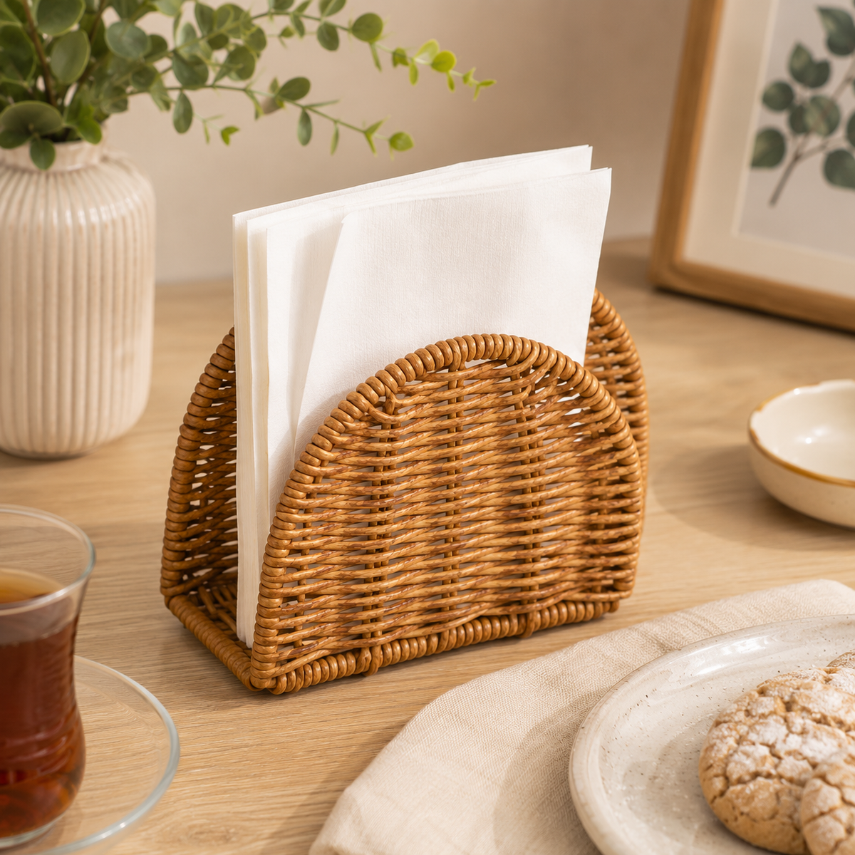 Doğal Rattan Hasır Peçetelik Masaüstü Peçete Standı Dekoratif Peçete Tutucu