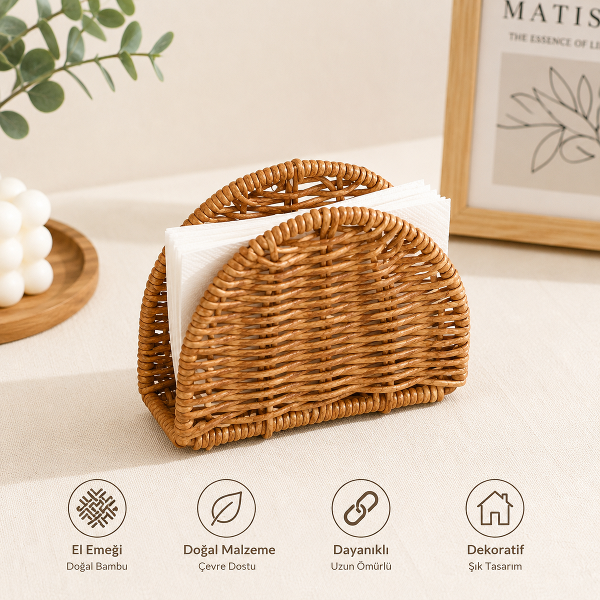 Doğal Rattan Hasır Peçetelik Masaüstü Peçete Standı Dekoratif Peçete Tutucu