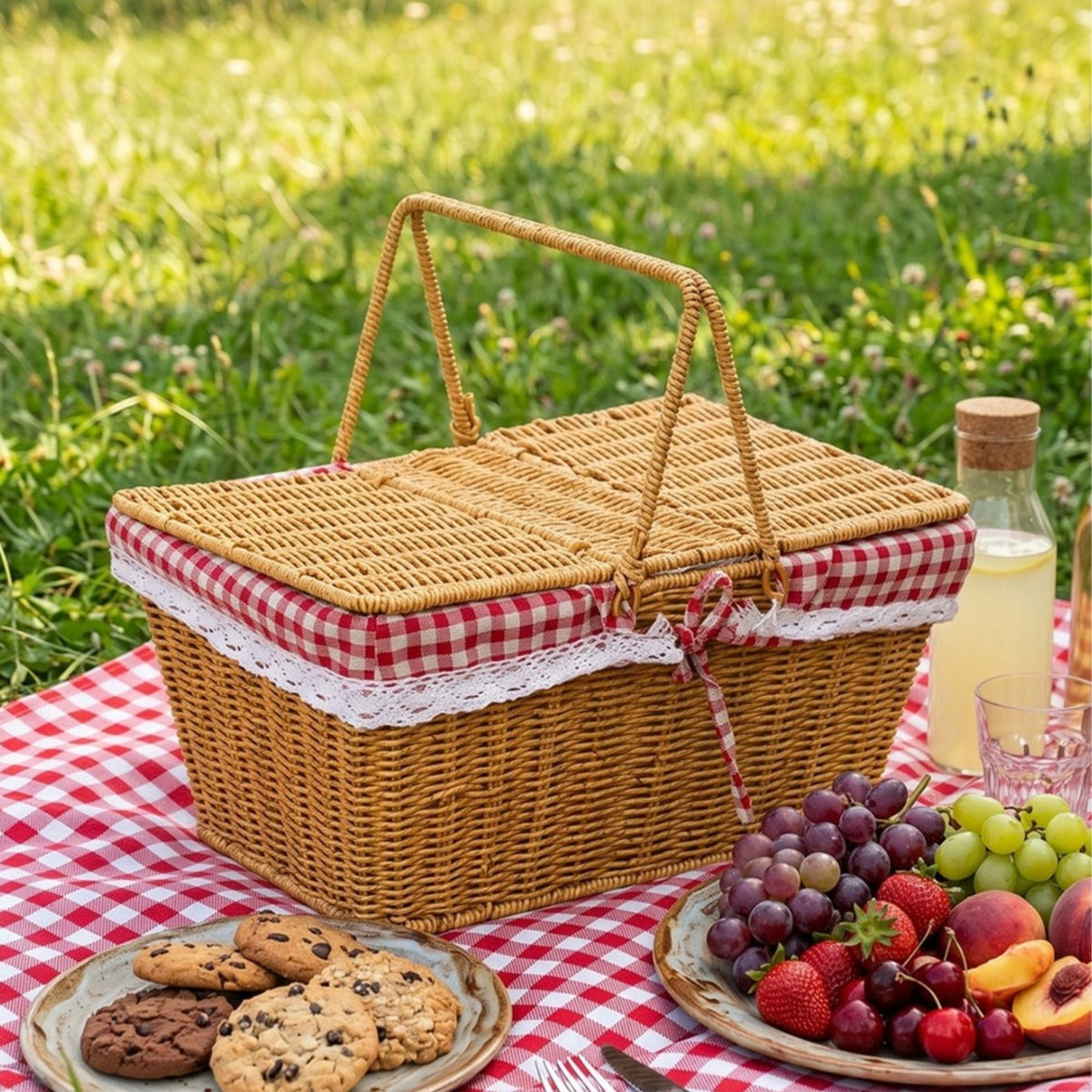 Kapaklı Hasır Piknik Sepeti – Kırmızı Kareli Kumaş Astarlı Vintage Taşıma Sepeti