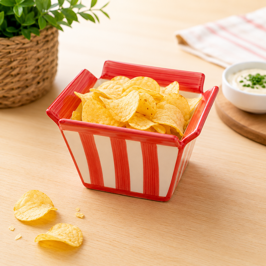 Kırmızı Beyaz Çizgili Seramik Popcorn Kasesi - Patlamış Mısır & Cips Kasesi, Sinema Gecesi Sunumluğu