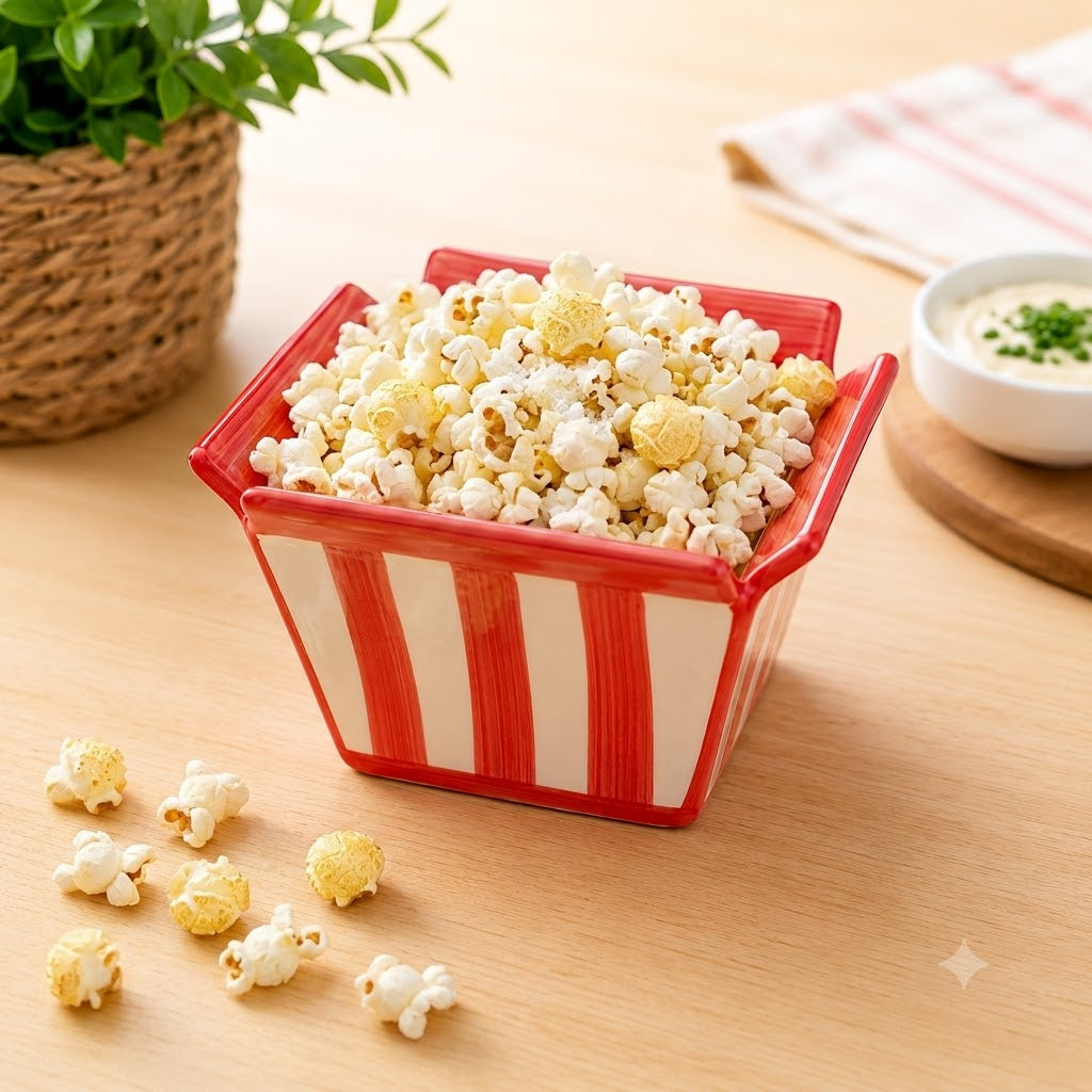 Kırmızı Beyaz Çizgili Seramik Popcorn Kasesi - Patlamış Mısır & Cips Kasesi, Sinema Gecesi Sunumluğu
