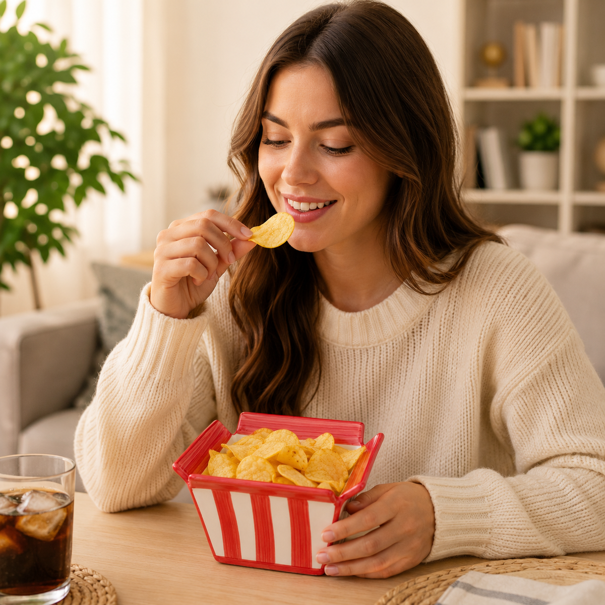 Kırmızı Beyaz Çizgili Seramik Popcorn Kasesi - Patlamış Mısır & Cips Kasesi, Sinema Gecesi Sunumluğu