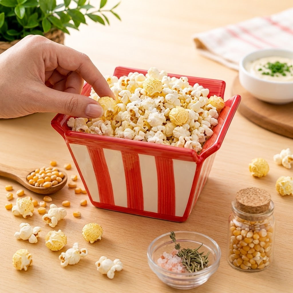 Kırmızı Beyaz Çizgili Seramik Popcorn Kasesi - Patlamış Mısır & Cips Kasesi, Sinema Gecesi Sunumluğu