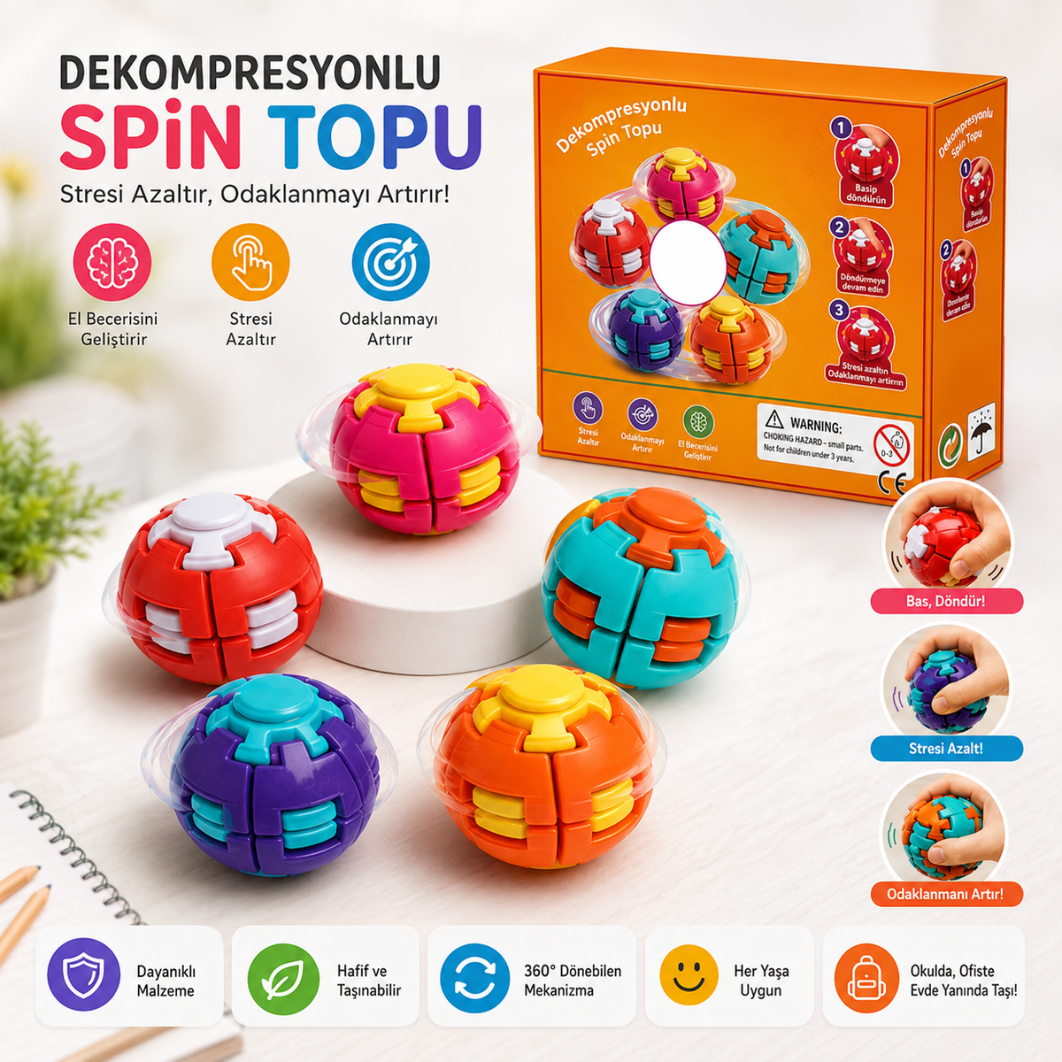 Dekompresyonlu Spin Ball Stres Topu 360° Dönen Fidget Oyuncak – Anti Stres, Odaklanma ve El Becerisi Geliştirici