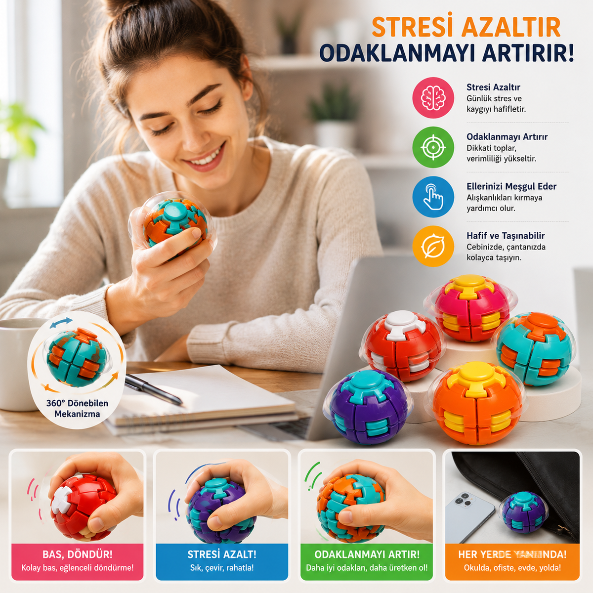 Dekompresyonlu Spin Ball Stres Topu 360° Dönen Fidget Oyuncak – Anti Stres, Odaklanma ve El Becerisi Geliştirici