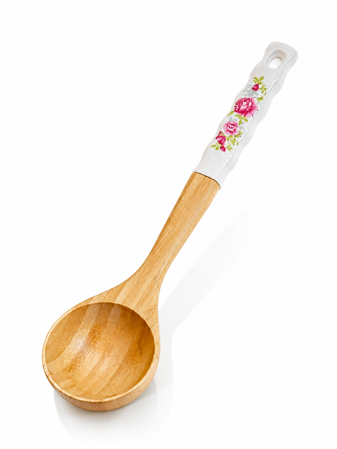 Bambu Servis Kepçesi – Çiçek Desenli Seramik Saplı Ahşap Çorba ve Yemek Kepçesi, Mutfak Servis Kaşığı