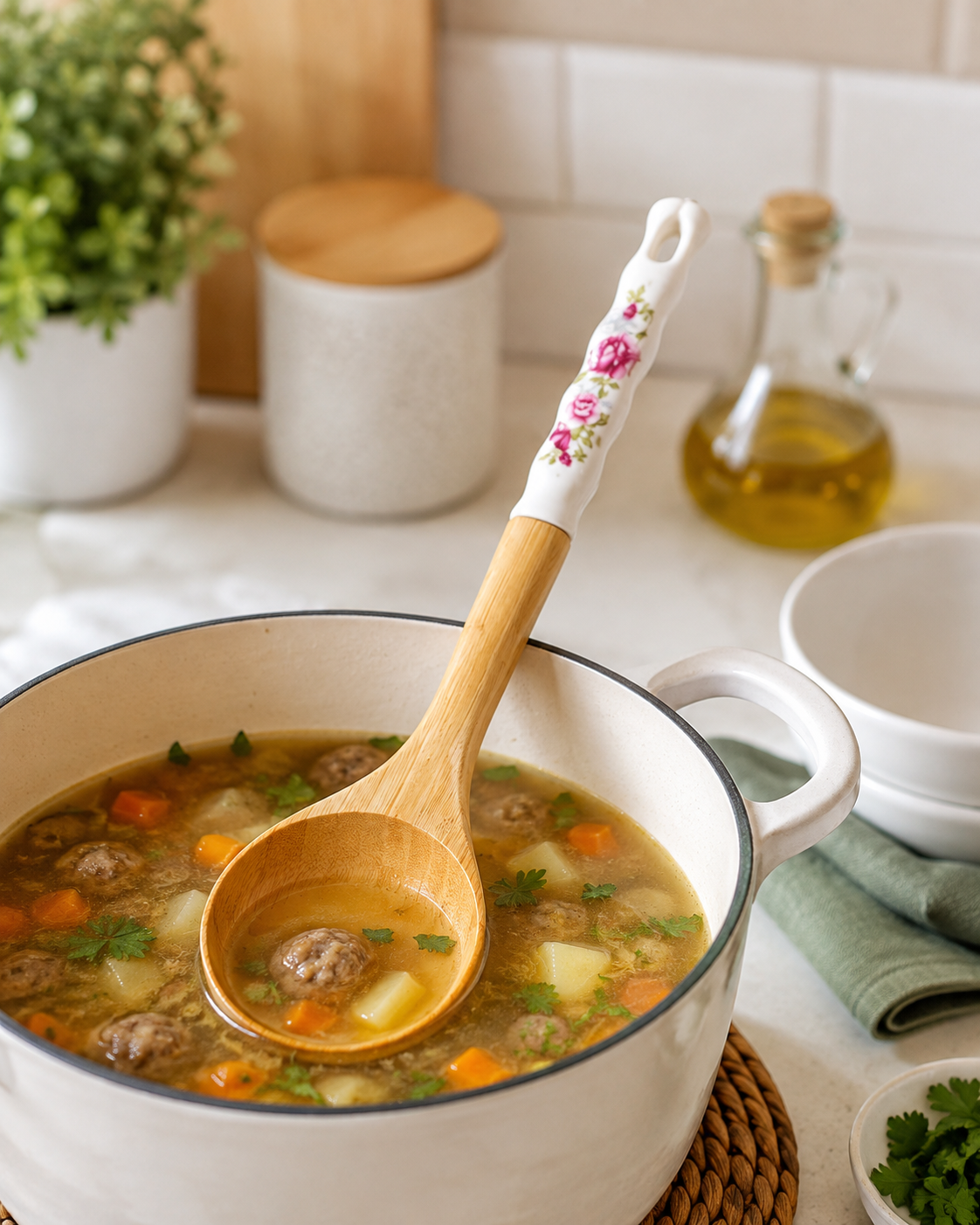 Bambu Servis Kepçesi – Çiçek Desenli Seramik Saplı Ahşap Çorba ve Yemek Kepçesi, Mutfak Servis Kaşığı