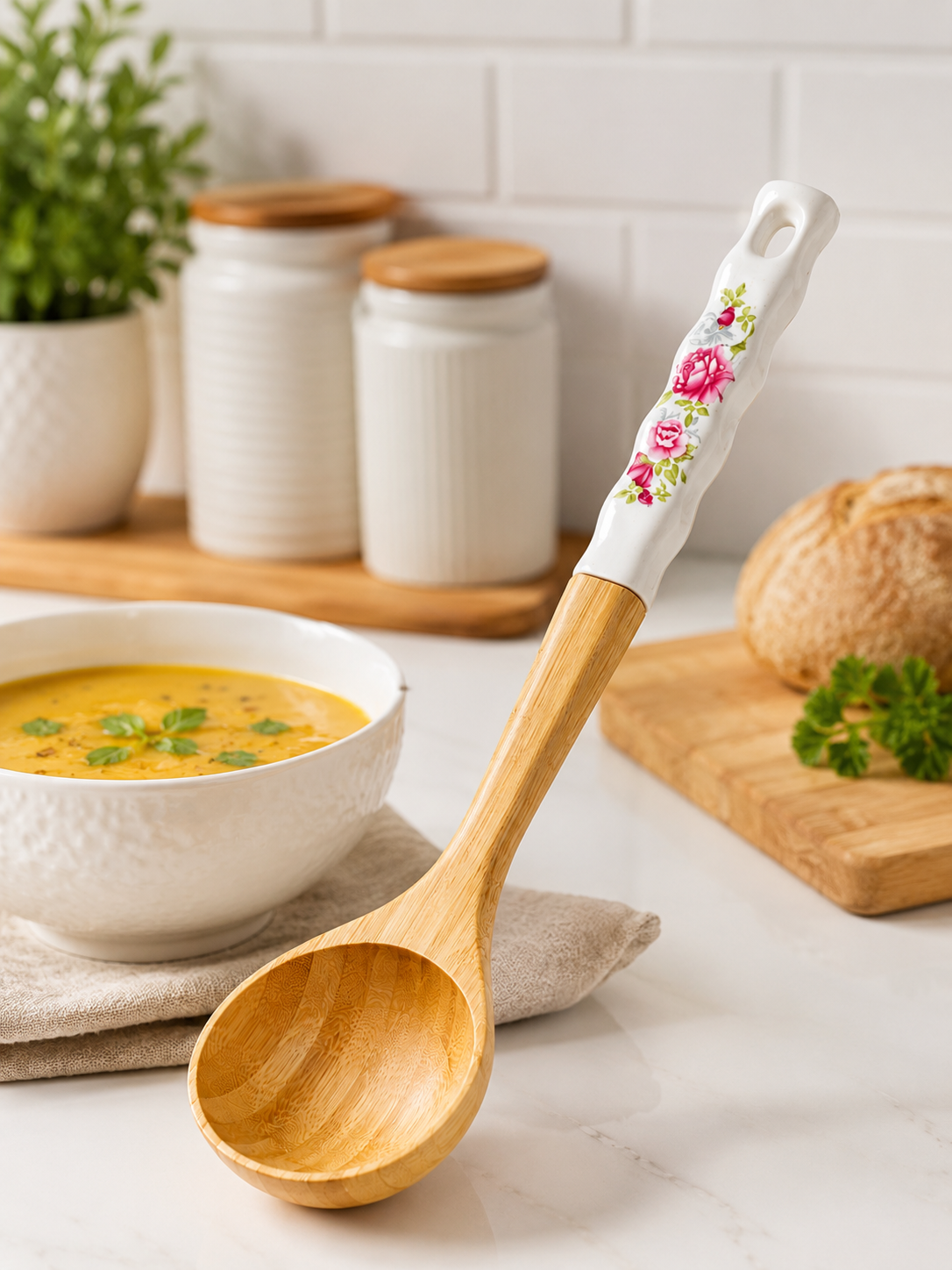 Bambu Servis Kepçesi – Çiçek Desenli Seramik Saplı Ahşap Çorba ve Yemek Kepçesi, Mutfak Servis Kaşığı