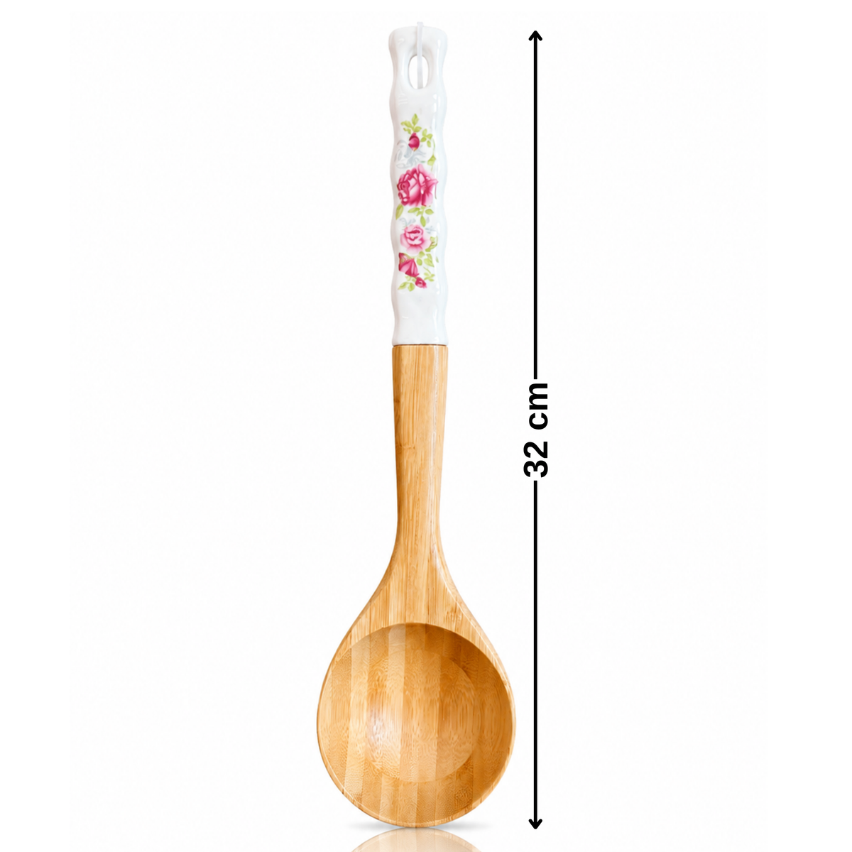 Bambu Servis Kepçesi – Çiçek Desenli Seramik Saplı Ahşap Çorba ve Yemek Kepçesi, Mutfak Servis Kaşığı
