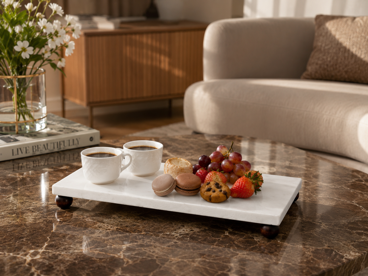 15x30 cm Mermer Görünümlü Ayaklı Sunumluk – Kahve, Tatlı, Meyve ve Kahvaltı İçin Dekoratif Servis Standı