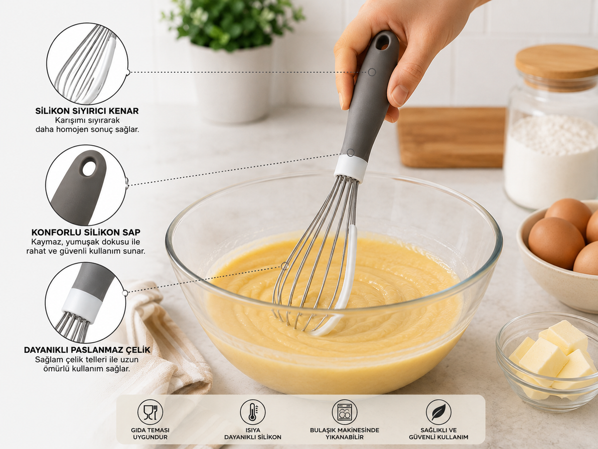 Silikon Sıyırıcılı Mutfak Çırpıcısı – Ergonomik Saplı Tel Çırpıcı, Yumurta, Krema, Kek ve Hamur Karıştırıcı
