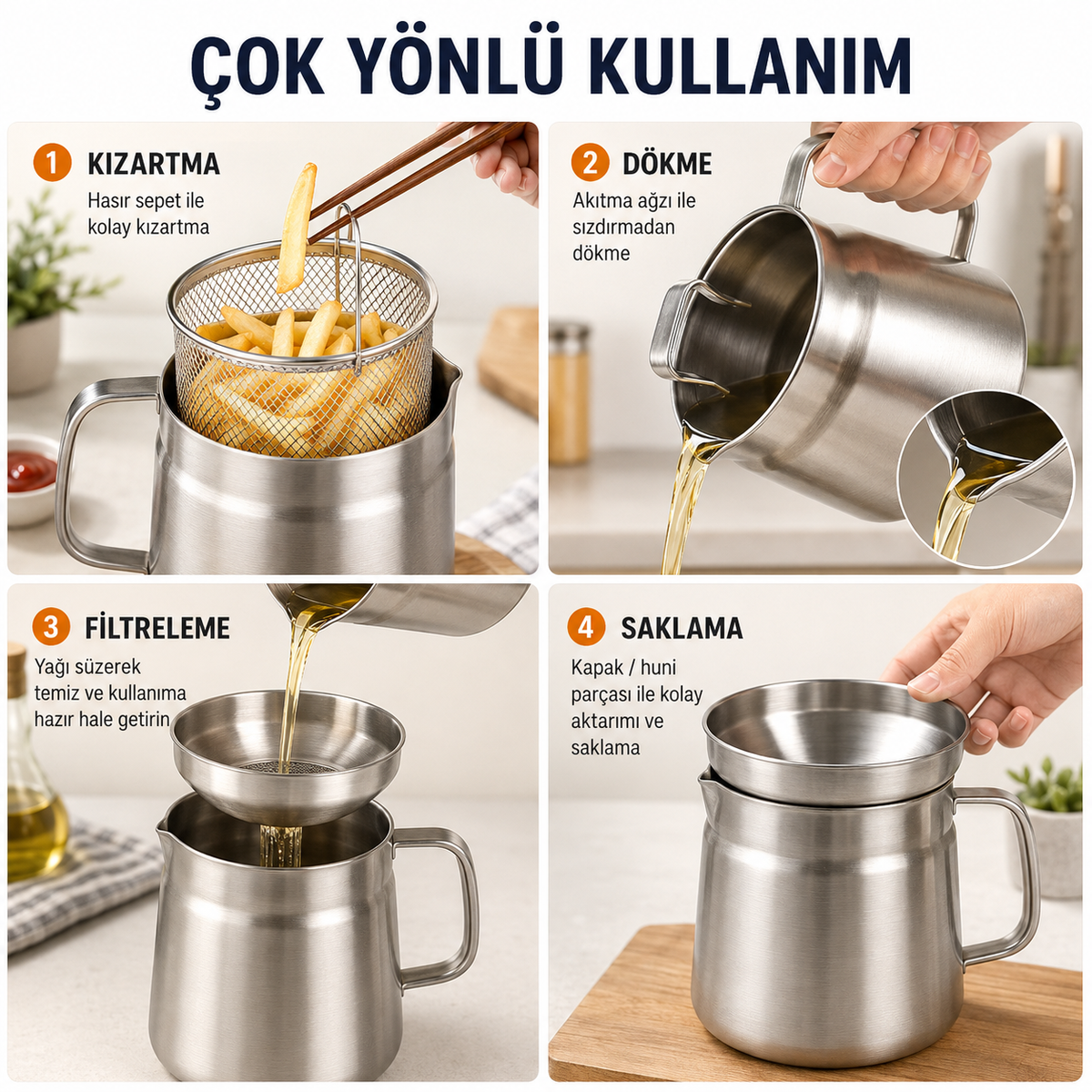 Paslanmaz Çelik Yağ Filtreli Tencere – Süzgeç Sepetli Kızartma Yağı Süzme ve Saklama Kabı – Kapaklı Çok Amaçlı Mutfak Tenceresi