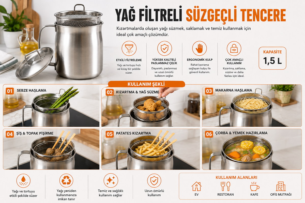 Paslanmaz Çelik Yağ Filtreli Tencere – Süzgeç Sepetli Kızartma Yağı Süzme ve Saklama Kabı – Kapaklı Çok Amaçlı Mutfak Tenceresi