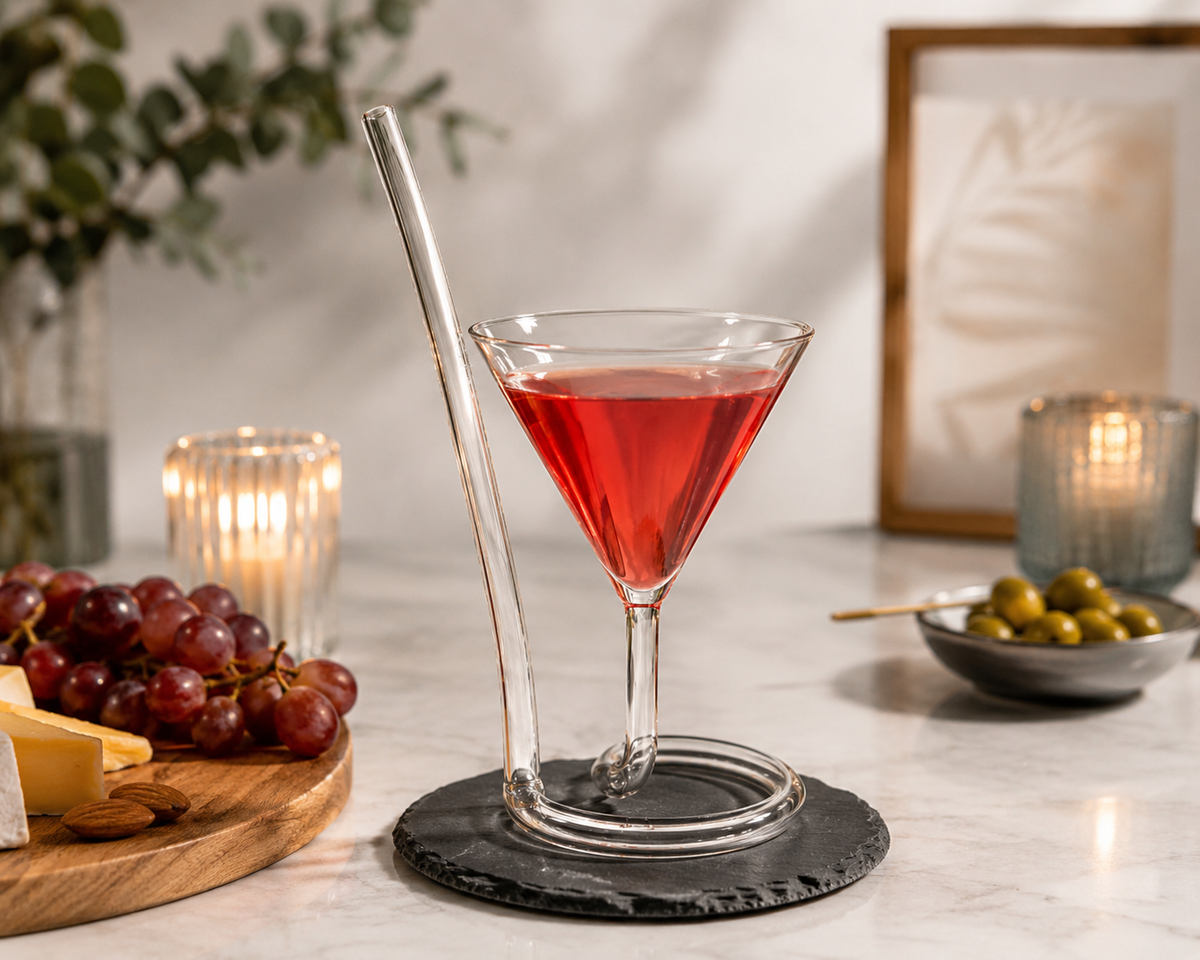 Borosilikat Cam Pipetli Kokteyl Bardağı – Spiral Ayaklı Martini Kadehi – Şeffaf Özel Tasarım Soğuk İçecek Bardağı