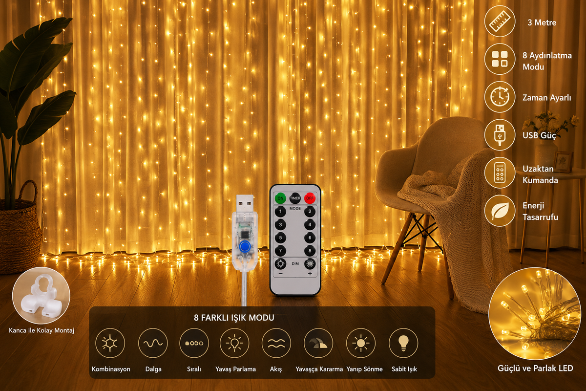 Peri Telli Perde Led Işık Kumandalı 300 Ledli 3 X 3 Metre Usb'li 8 Animasyonlu Günışığı