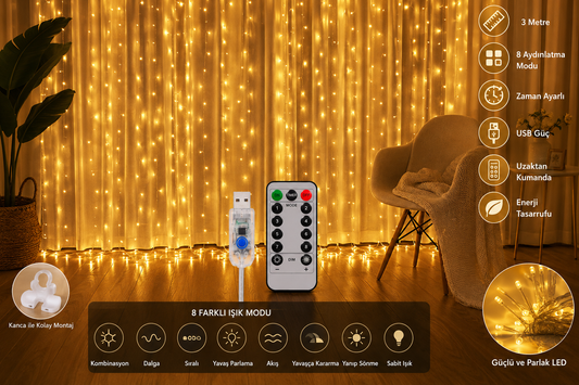 Peri Telli Perde Led Işık Kumandalı 300 Ledli 3 X 3 Metre Usb'li 8 Animasyonlu Günışığı