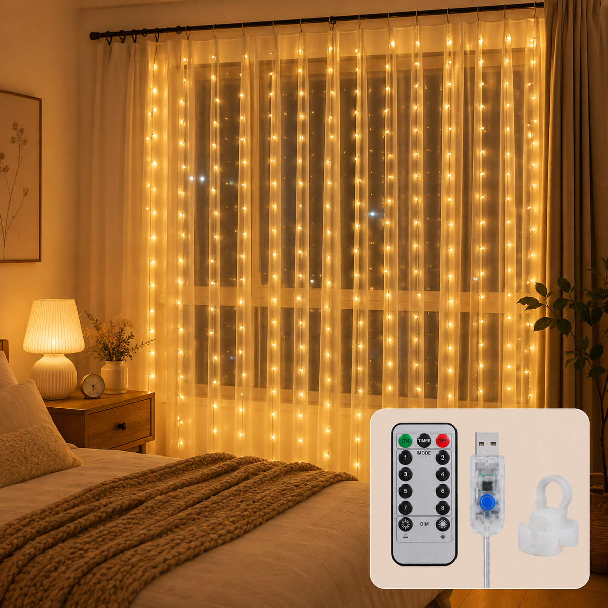 Peri Telli Perde Led Işık Kumandalı 300 Ledli 3 X 3 Metre Usb'li 8 Animasyonlu Günışığı