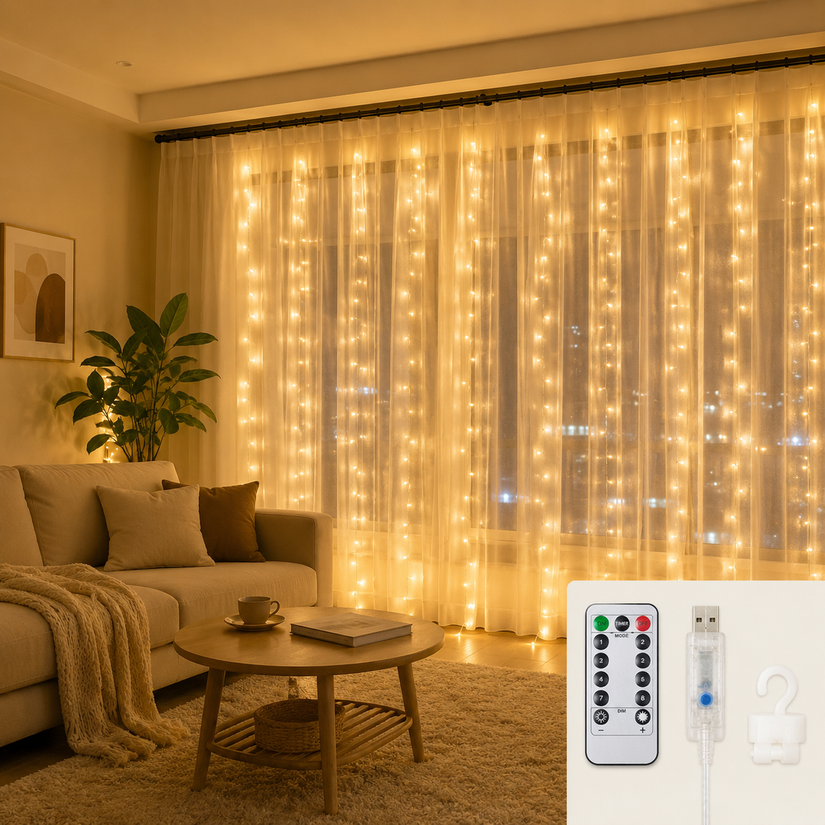 Peri Telli Perde Led Işık Kumandalı 300 Ledli 3 X 3 Metre Usb'li 8 Animasyonlu Günışığı