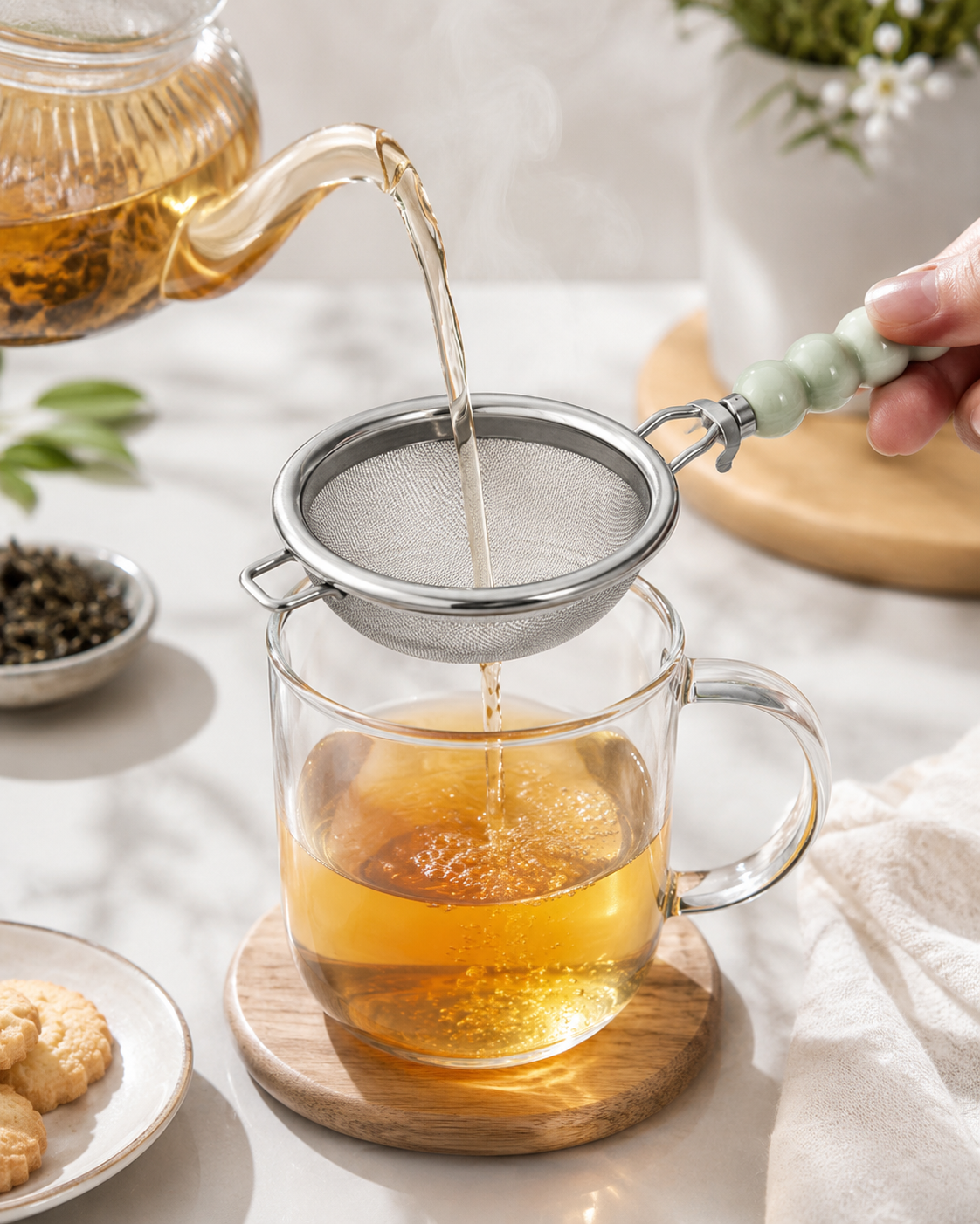 BUBBLE Metal Çay Süzgeci – Boncuk Saplı İnce Gözenekli Çay ve Bitki Çayı Süzgeci