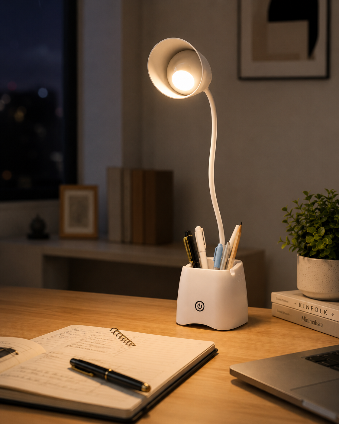 3 Modlu LED Masa Lambası ve Kalemlik – Esnek Boyunlu Dokunmatik Çalışma Lambası, Kalem Organizerli Masaüstü Aydınlatma, Beyaz