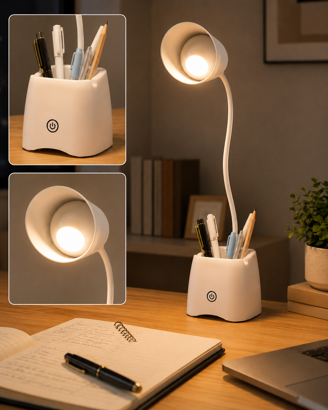 3 Modlu LED Masa Lambası ve Kalemlik – Esnek Boyunlu Dokunmatik Çalışma Lambası, Kalem Organizerli Masaüstü Aydınlatma, Beyaz