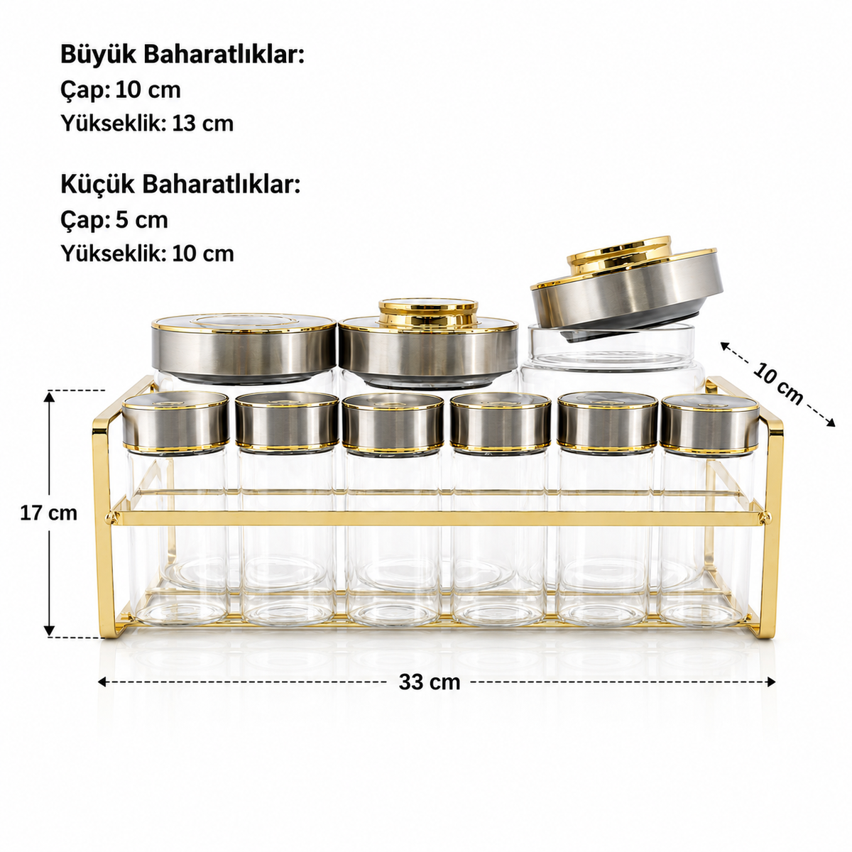 9 Parça Cam Baharatlık Seti – 3 Büyük 6 Küçük Kavanoz, Metal Kapaklı Altın Renk Standlı Mutfak Baharat Düzenleyici