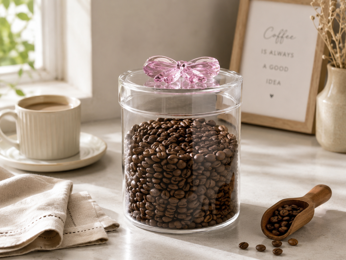 900 ml Pembe Fiyonklu Cam Saklama Kavanozu – Kapaklı Şeffaf Cam Kavanoz – Çay, Kahve, Şeker ve Kuru Gıda Saklama Kabı