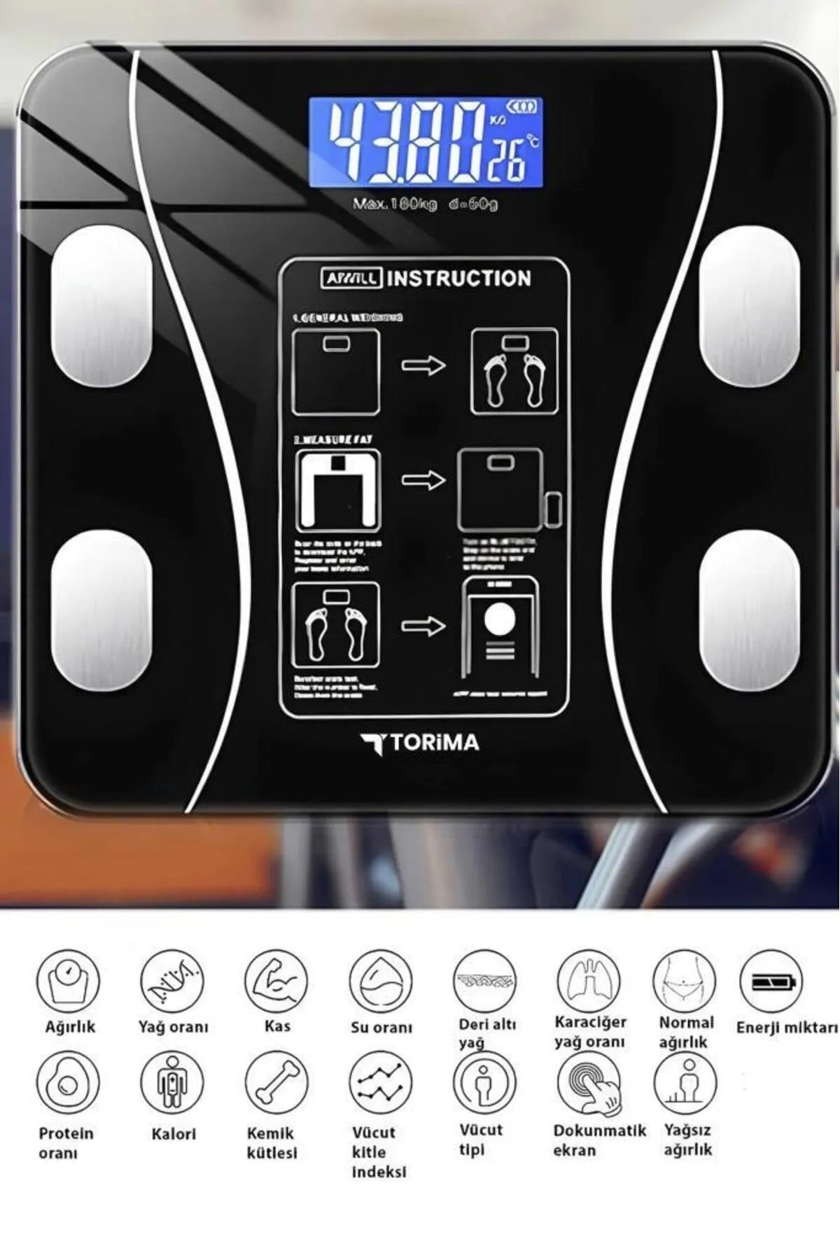 Akıllı Bluetooth Tartı | Vücut Analizli Dijital Baskül – 180 kg, LCD Ekran, Mobil Uyumlu