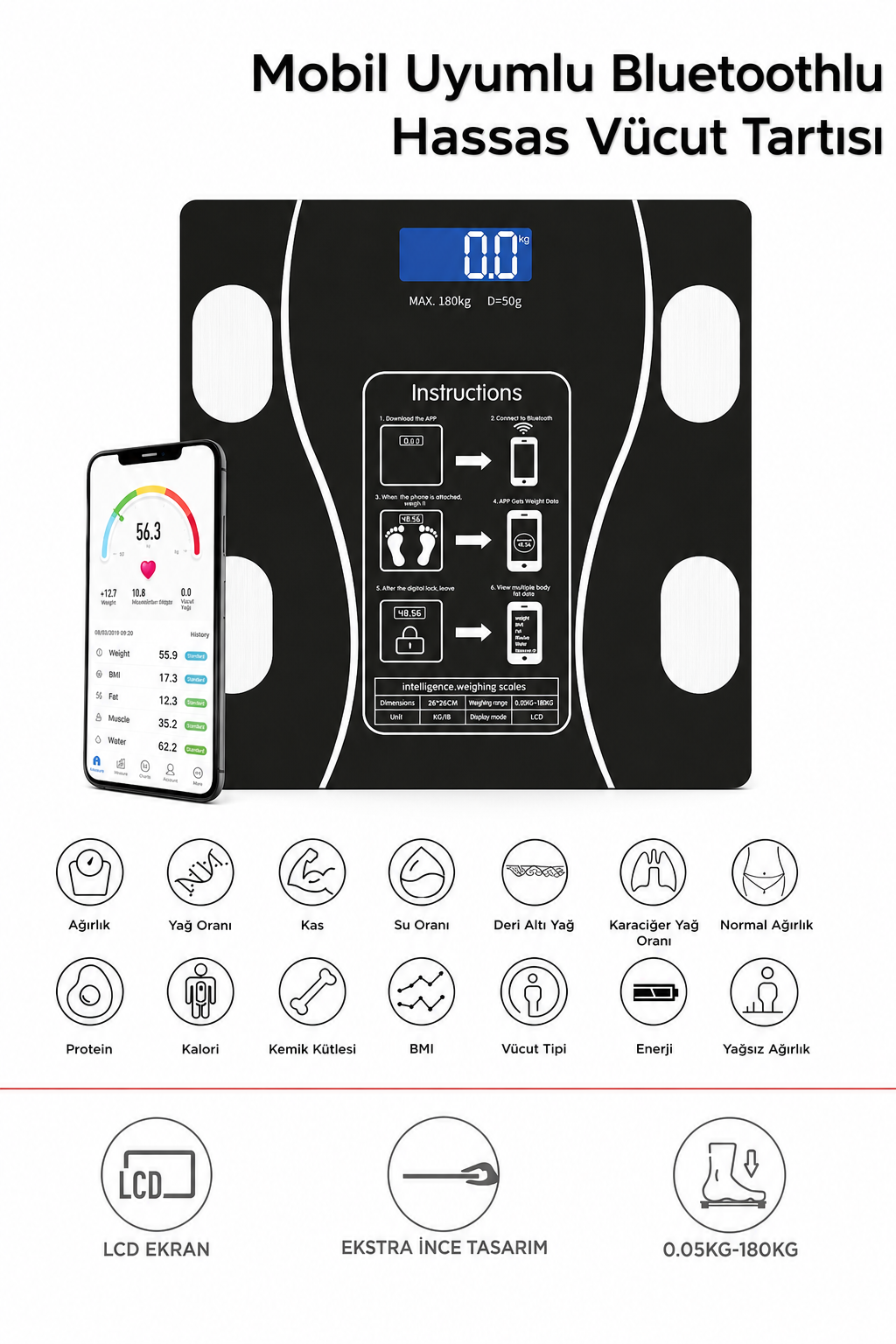 Akıllı Bluetooth Tartı | Vücut Analizli Dijital Baskül – 180 kg, LCD Ekran, Mobil Uyumlu