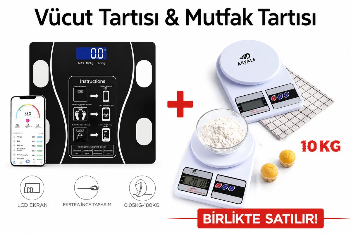 Akıllı Dijital Vücut Tartısı + Hassas Mutfak Tartısı Seti LCD Ekran 180 Kg / 10 Kg