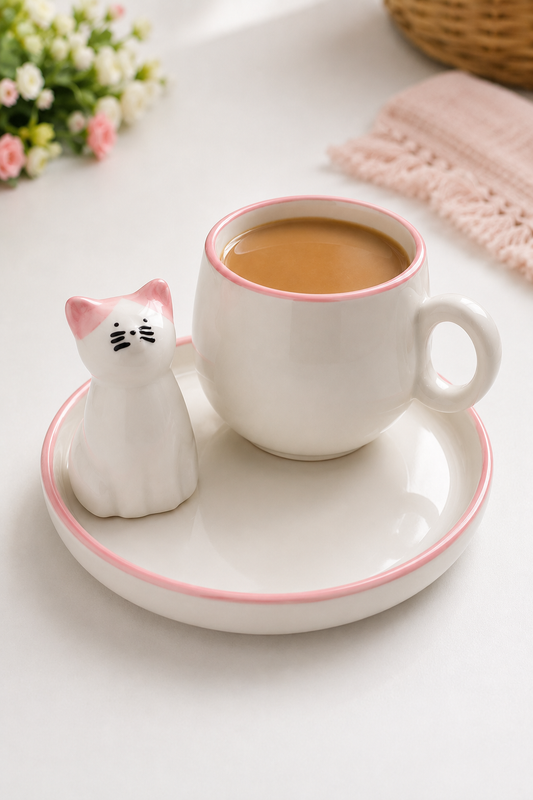 Kedi Figürlü Pembe Renk Seramik Espresso Fincanı ve Tabak Seti – Sevimli Tasarım Mini Kahve Fincanı