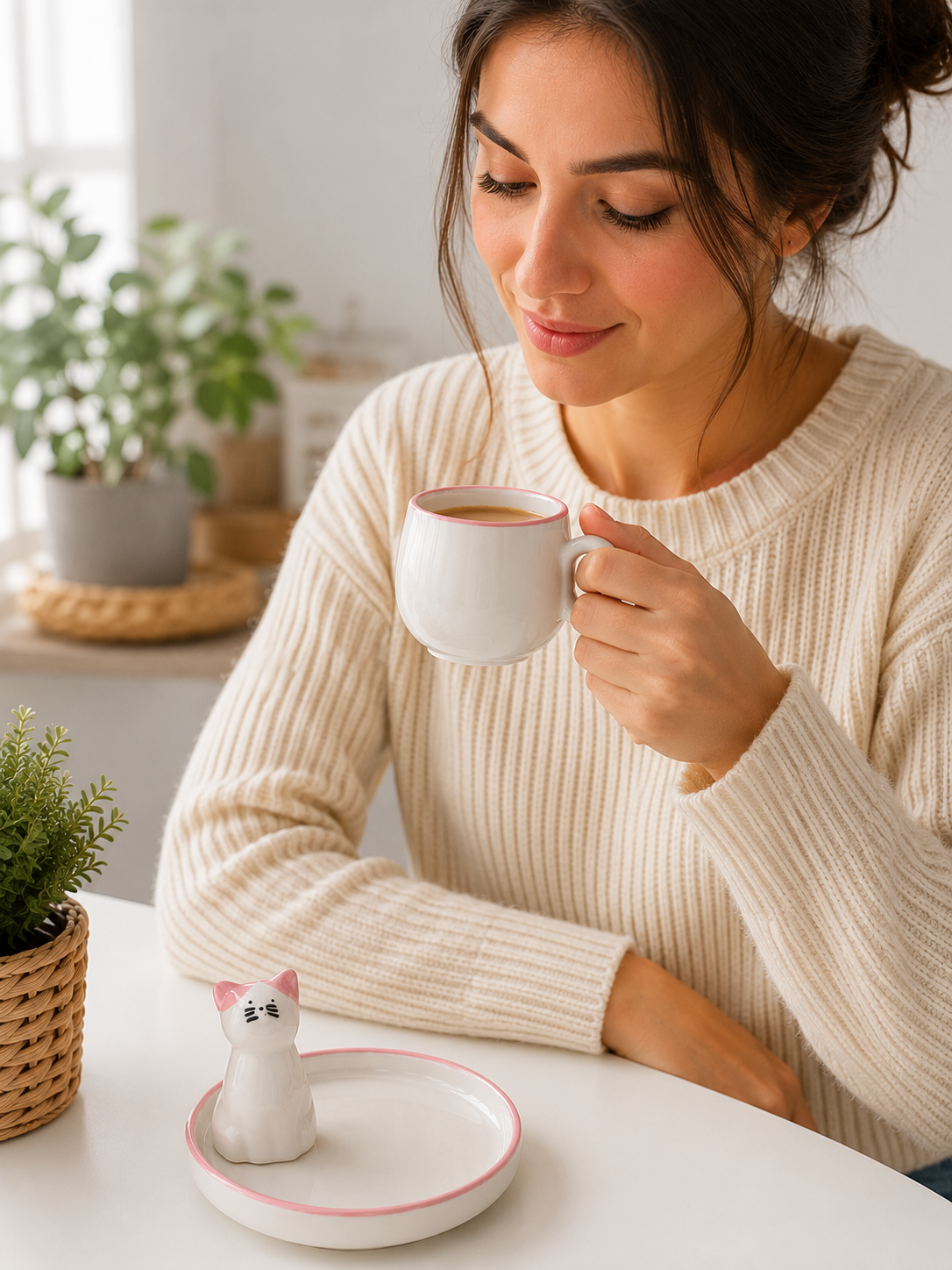 Kedi Figürlü Pembe Renk Seramik Espresso Fincanı ve Tabak Seti – Sevimli Tasarım Mini Kahve Fincanı