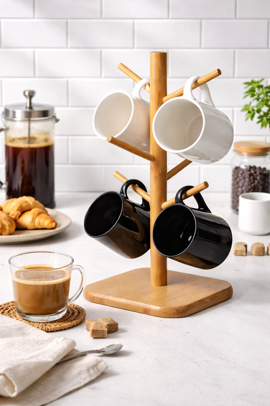 Bambu Fincan Askılığı 6’lı – Kare Tabanlı Kahve Kupası Standı
