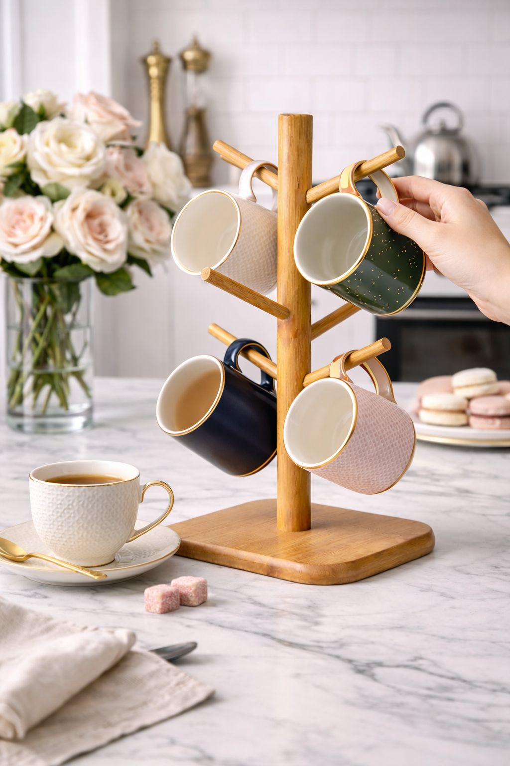 Bambu Fincan Askılığı 6’lı – Kare Tabanlı Kahve Kupası Standı