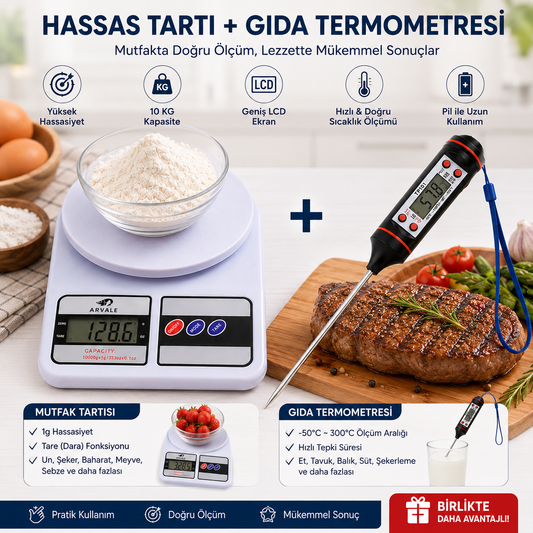 Dijital Hassas Mutfak Tartısı + Dijital Gıda Termometresi 2'li Set 10 Kg LCD Ekran