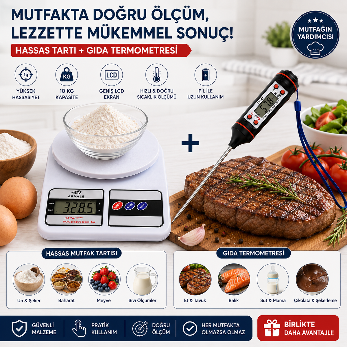 Dijital Hassas Mutfak Tartısı + Dijital Gıda Termometresi 2'li Set 10 Kg LCD Ekran