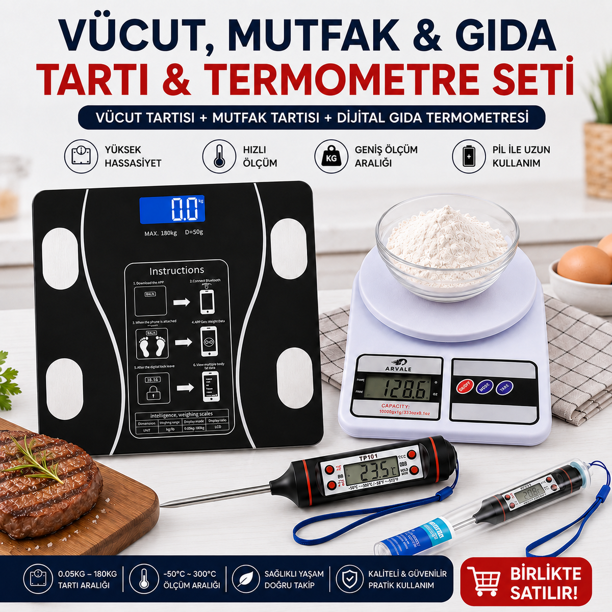 Bluetooth Akıllı Vücut Tartısı + Dijital Mutfak Tartısı + Gıda Termometresi 3'lü Set