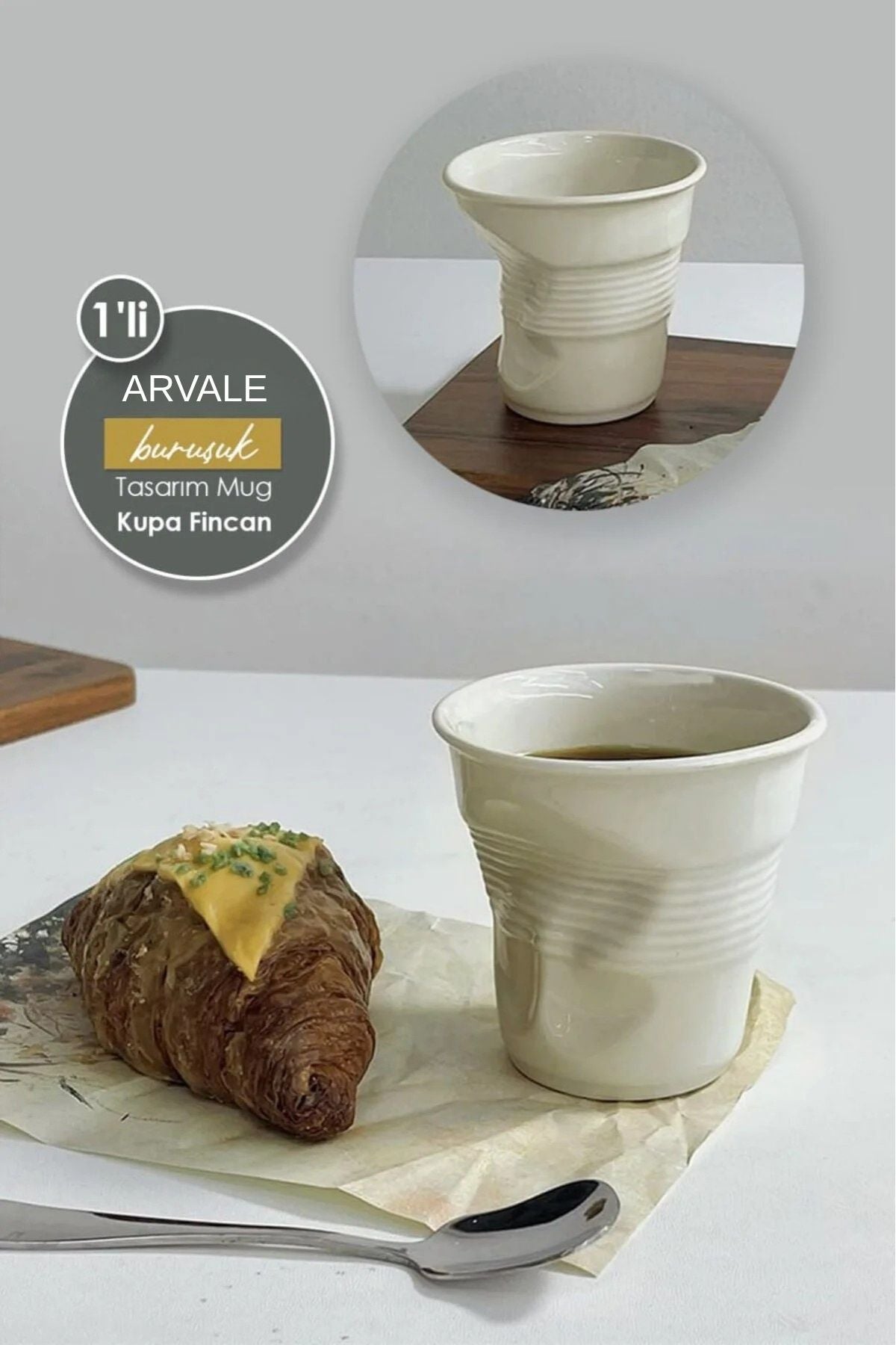 Buruşuk Kupa Fincan Seramik El Yapımı Tasarım Mug Kahve Bardağı - 2 Adet