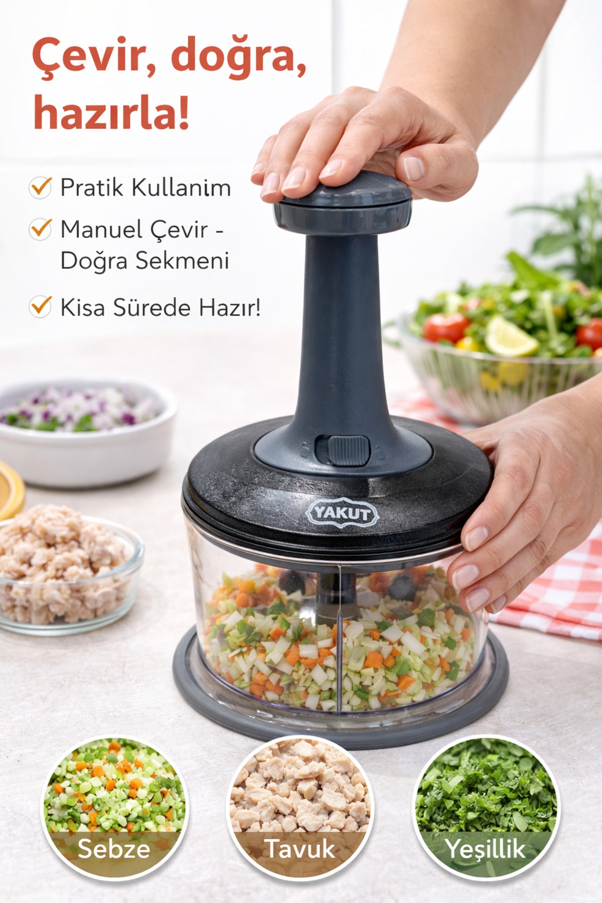Çelik Bıçaklı Manuel Basmalı El Rondosu-Sebze, Soğan, Sarımsak Doğrayıcı(Siyah)