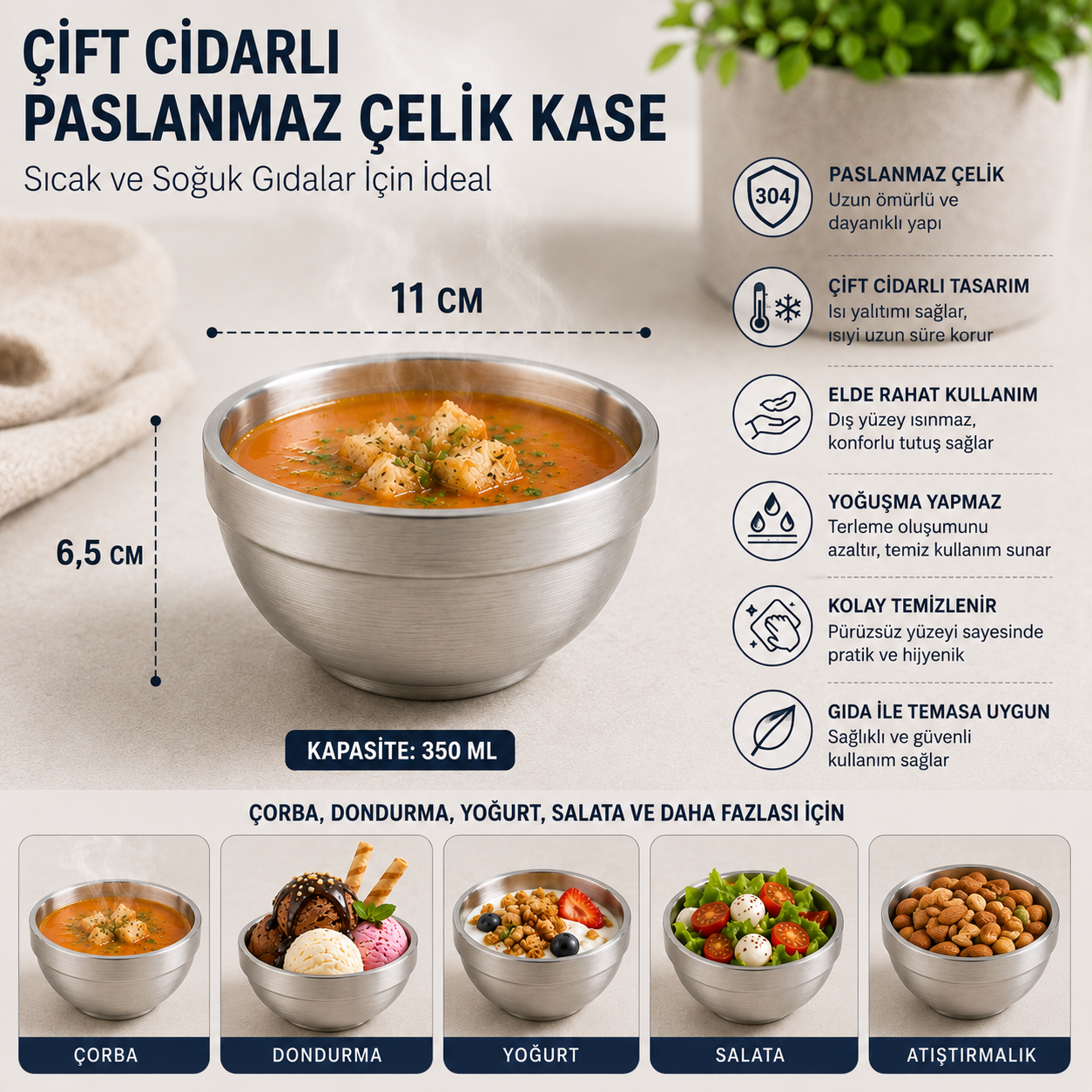 1 Adet Çift Cidarlı Paslanmaz Çelik Isı Yalıtımlı Şık Sunum Kasesi