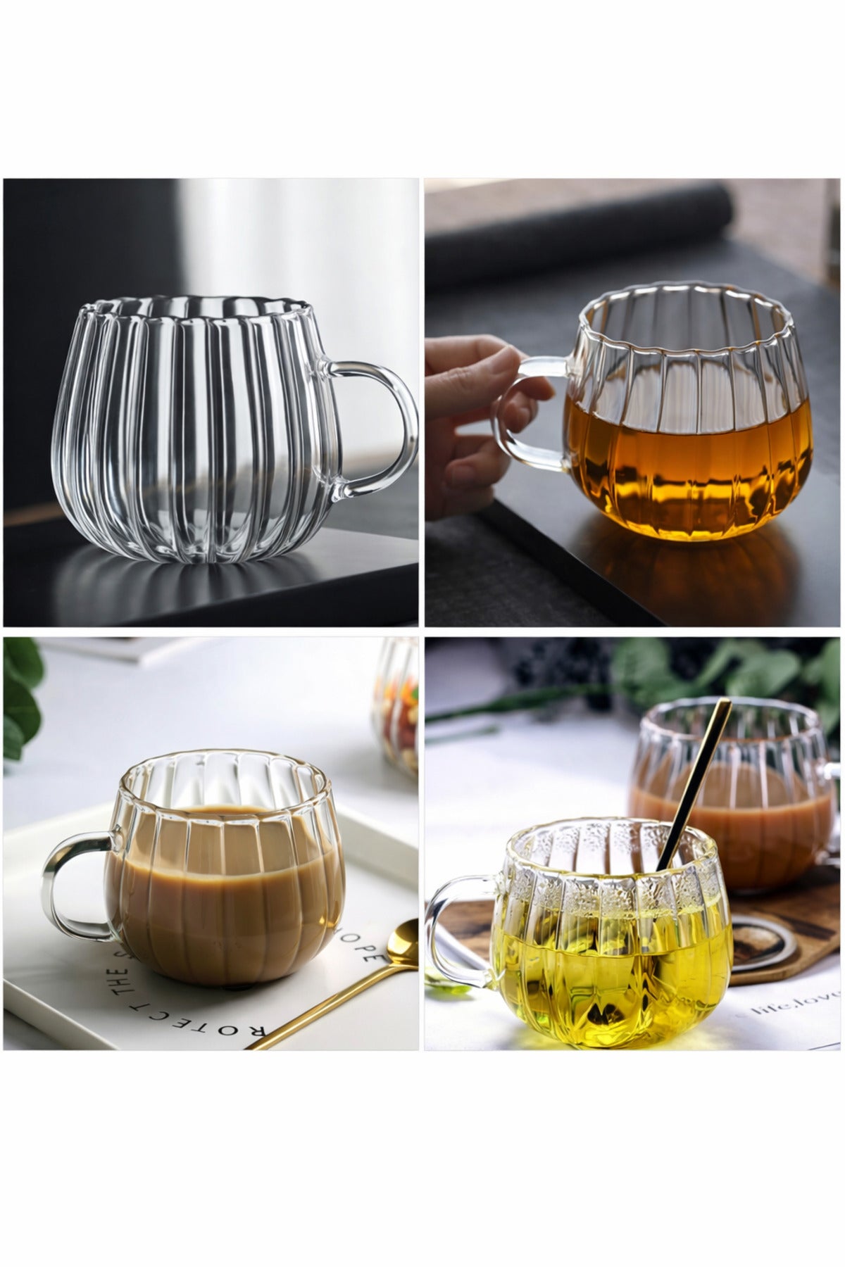 Çizo 1 Adet 400 ml Ateşe Temas Edebilen Borosilikat Kupa Çizgi Tasarımlı Cam Bardak Kahve Sunum