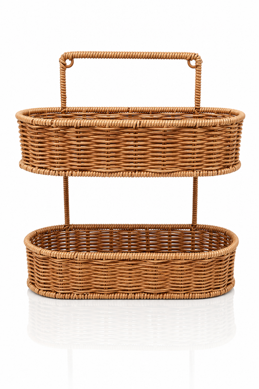 2 Katlı Dekoratif Hasır Sunum Tepsisi Oval Rattan Görünümlü Çok Amaçlı Organizer Sepet