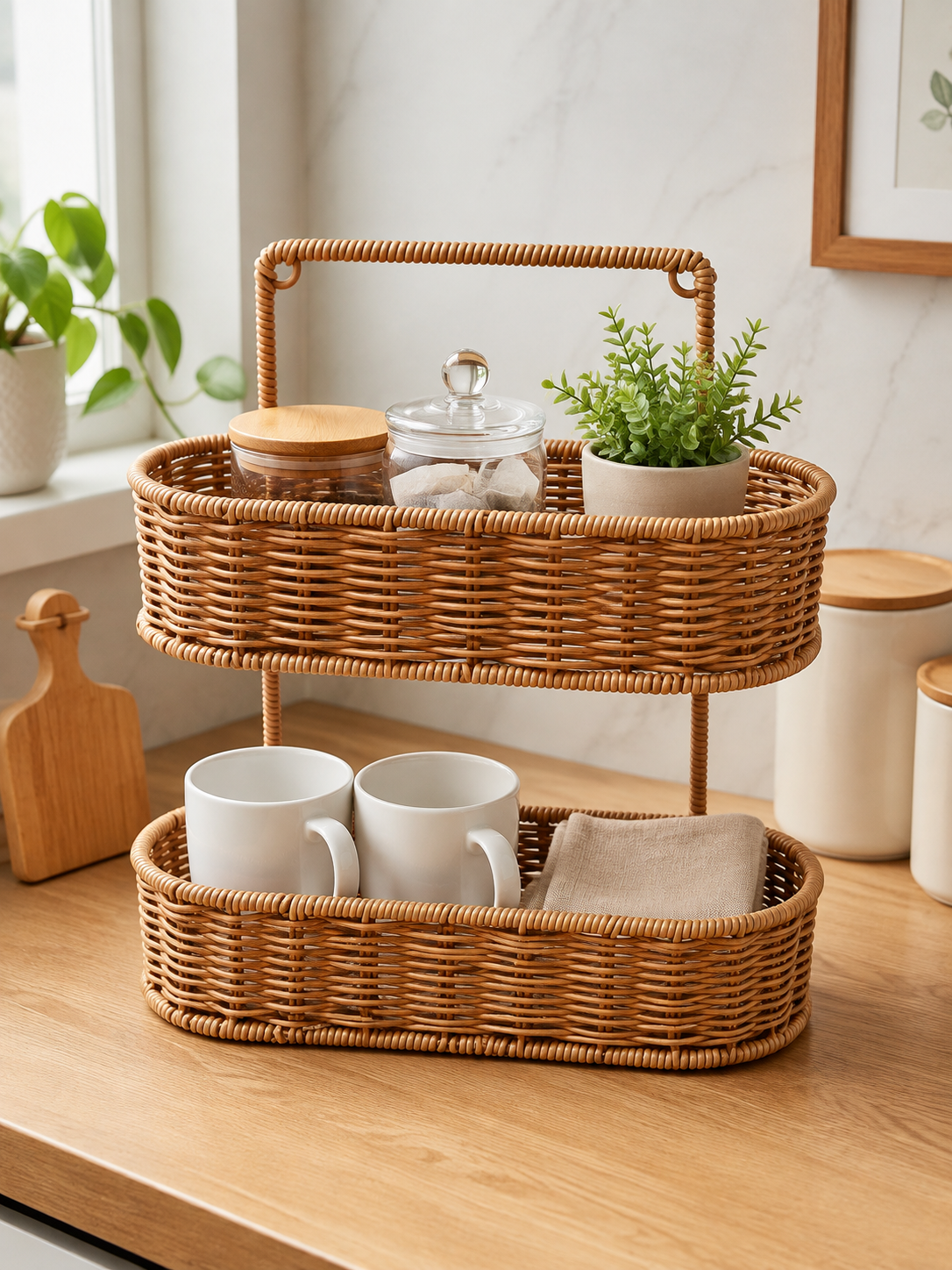 2 Katlı Dekoratif Hasır Sunum Tepsisi Oval Rattan Görünümlü Çok Amaçlı Organizer Sepet