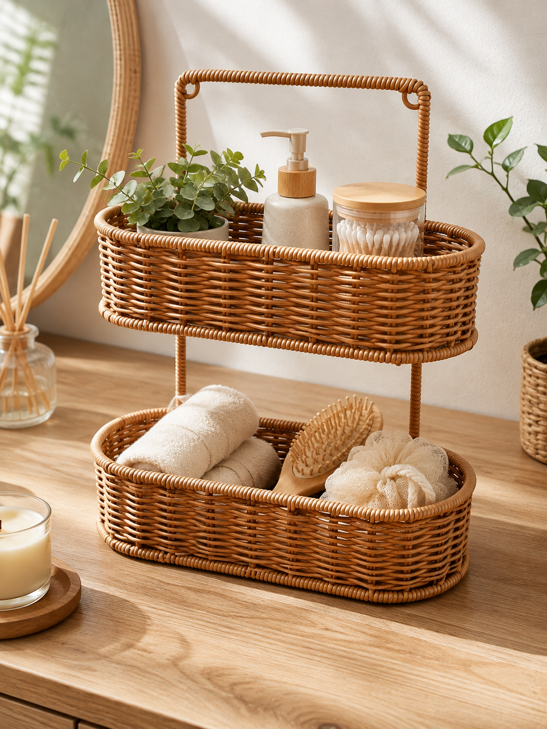 2 Katlı Dekoratif Hasır Sunum Tepsisi Oval Rattan Görünümlü Çok Amaçlı Organizer Sepet