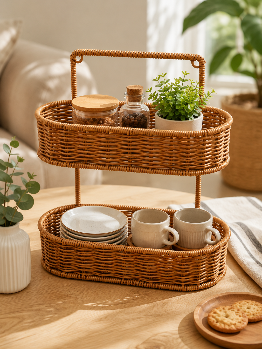 2 Katlı Dekoratif Hasır Sunum Tepsisi Oval Rattan Görünümlü Çok Amaçlı Organizer Sepet