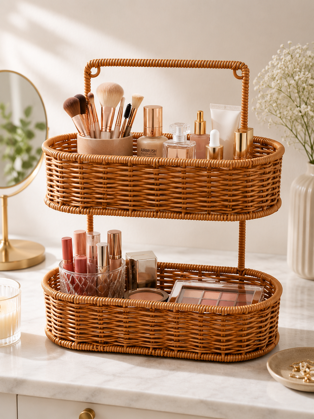 2 Katlı Dekoratif Hasır Sunum Tepsisi Oval Rattan Görünümlü Çok Amaçlı Organizer Sepet