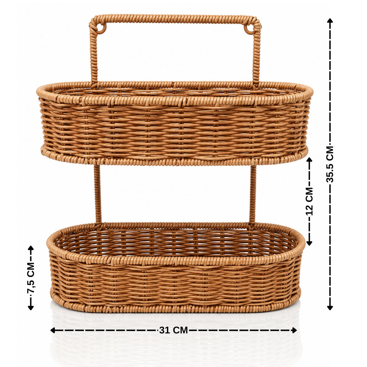 2 Katlı Dekoratif Hasır Sunum Tepsisi Oval Rattan Görünümlü Çok Amaçlı Organizer Sepet